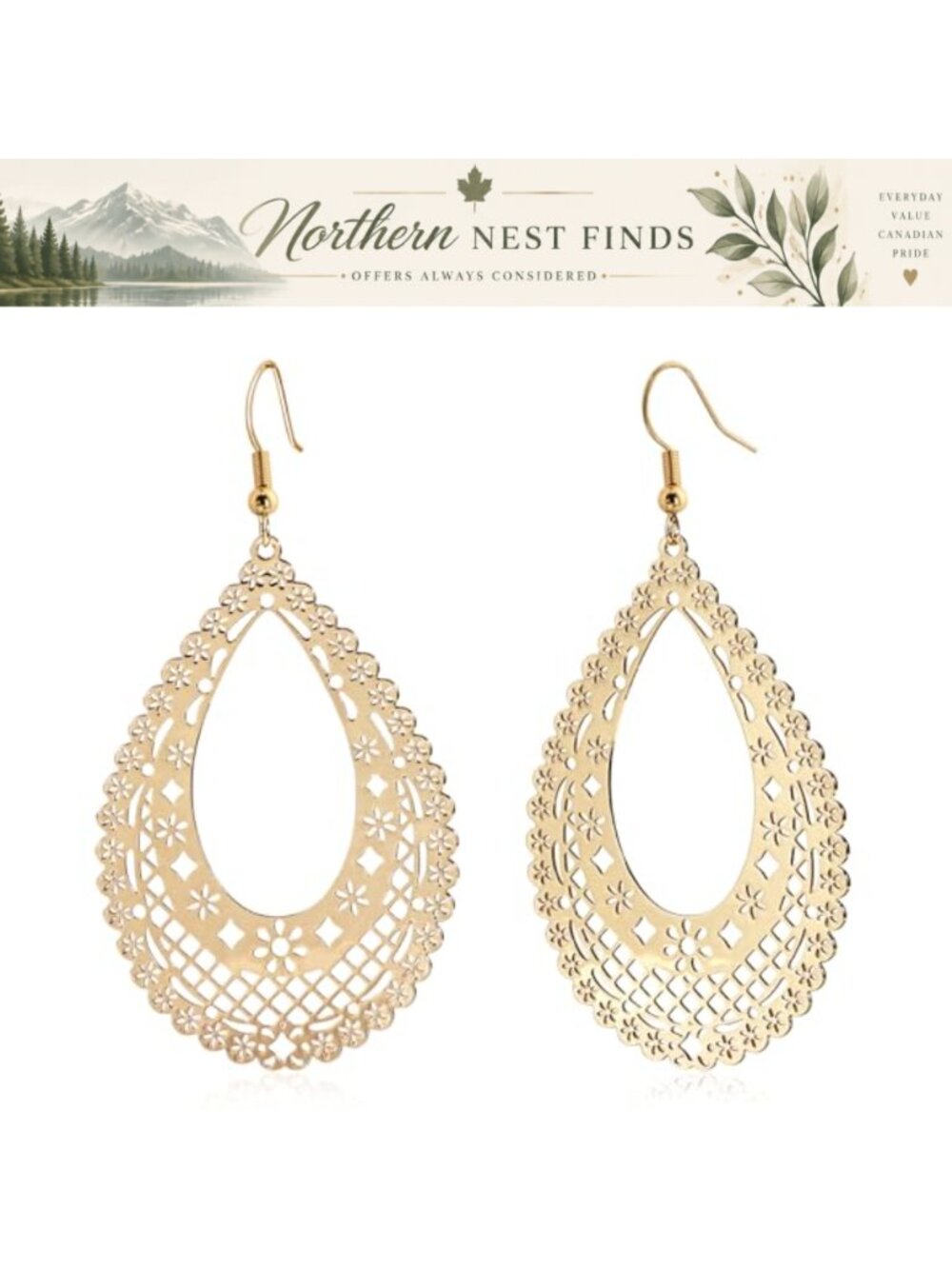 14K Gold Plated Teardrop Earrings Filigree Openwork Dangle Drop Women